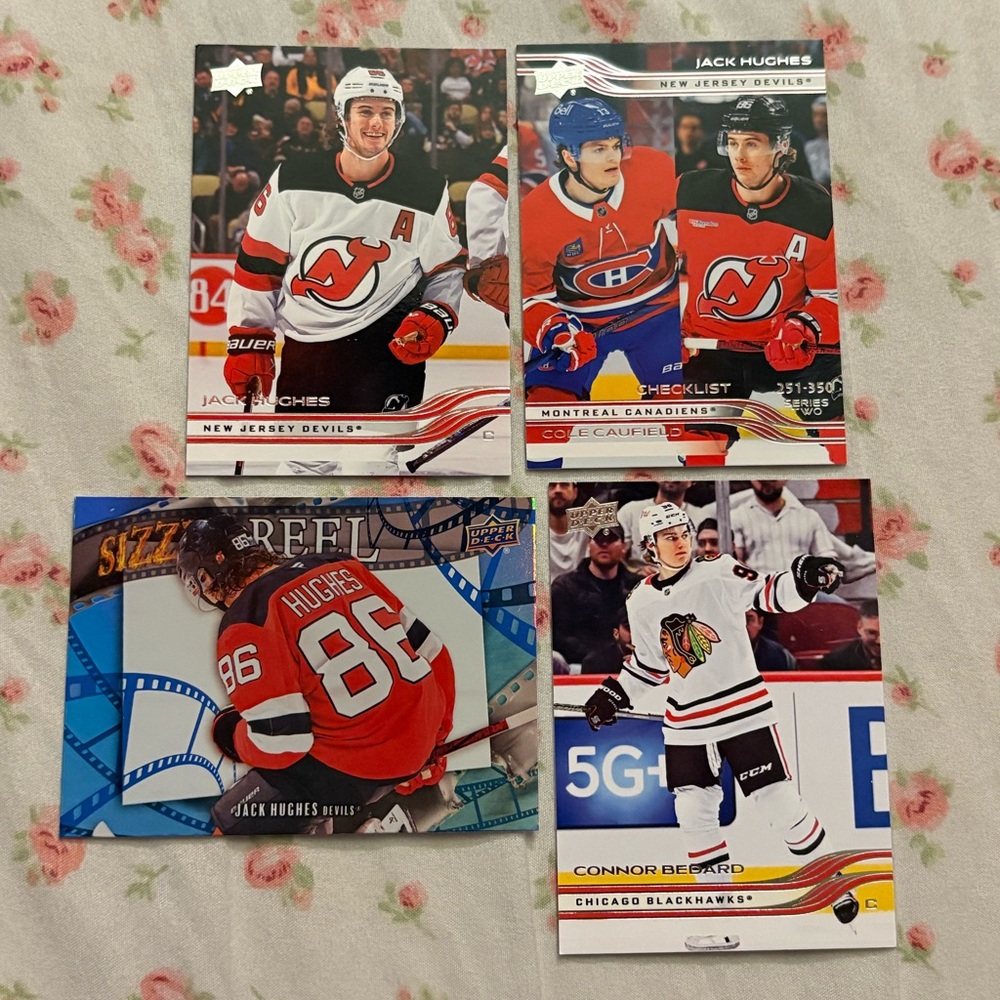 NHL Hockey Trading 4 Card Lot - Jack Hughes & Connor Bedard (Red, White, Black)